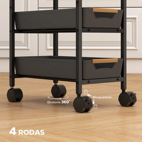 Carrinho de Cozinha de Armazenamento de 5 Níveis Carrinho Auxiliar com Rodas Bancada com Efeito Madeira 39,5x24x82 cm Preto