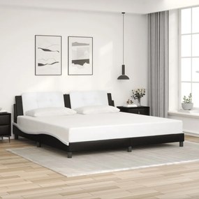 Estrutura de cama c/ cabeceira couro artificial preto e branco