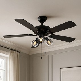 Ventilador de teto preto com impressão de madeira 107,5cm 3-luzes com interruptor de tração - Mistral Vidro