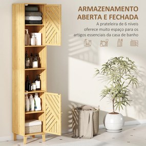 Coluna de Casa de Banho Estreita Armário de Casa de Banho Alto com Portas e Pés de Bambu 32x30x170 cm Madeira
