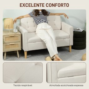 Sofá de 2 Lugares com Espaço de Armazenamento Pés de Madeira Encosto Capitonê 117x62x78 cm Creme