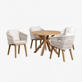 Conjunto De Mesa Redonda De Madeira (ø100 Cm) Naele E 4 Cadeiras De Jardim Barker Gardénia Branco - Sklum