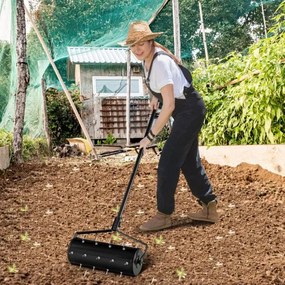 Rolo para Relva com arejador de relva com rolo de 44 cm Cabo amovível de 128 cm e dentes para jardim Preto