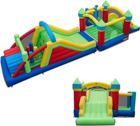 Castelo insuflável (SEM SOPRADOR) com escorregada, casa de saltos, túneis, postes de obstáculos e parede de escalada multicolor