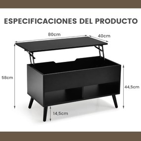 Mesa de centro com tampo elevável 80 x 40 x 46 cm, compartimento oculto e 2 prateleiras para sala de estar Preta