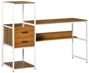 HOMCOM Secretária com Prateleiras Mesa de Computador com Múltiplas Prateleiras 2 Gavetas e Pés Ajustáveis para Escritório Estúdio 140x50x110cm Nogueira e Branco