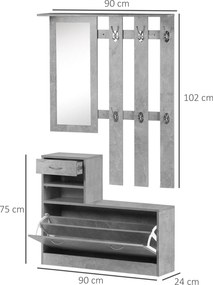 Móvel Cabide de Entrada de 3 Peças Armário de Entrada com Cabide Espelho Sapateira e Gaveta 90x10x102 cm Cinza