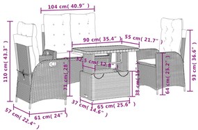 4 pcs conjunto de jantar p/ jardim c/ almofadões vime PE bege