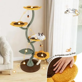 Arranhador para gatos com vários níveis forma girassol com 4 plataformas em forma de flor Postes para arranhar Base amarela