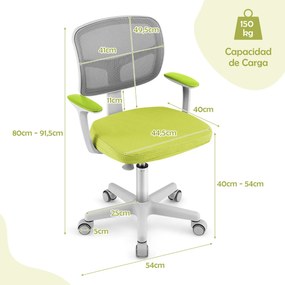Cadeira de secretária ergonómica para crianças com rodas Cadeira giratória para computador Apoio lombar ajustável em altura Verde