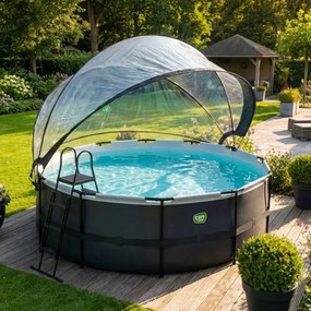 Piscina redonda Black Leather ø427x122cm com bomba de filtro de areia, cobertura e bomba de calor - preta