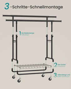 Guarda roupa aberto, cabide ajustavel, com prateleira e ganchos 52,5 x (107-149,8) x (144,2-164,2) preto