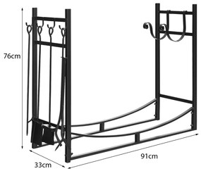 Estante de Lenha para Lareira com Pá Apanhador de Lenha Pinça de Lenha Escova de Lenha 91 x 33 x 76 cm Preto