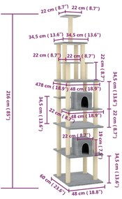 Árvore p/ gatos c/ postes arranhadores sisal 216 cm cinza-claro