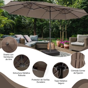 Conjunto de guarda-sol dupla face de 470 cm com 48 luzes LED solares e base recheável de 80 kg, com sistema de manivela, para jardim e piscina Café