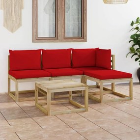 5 pcs conjunto lounge de jardim com almofadões vermelhos