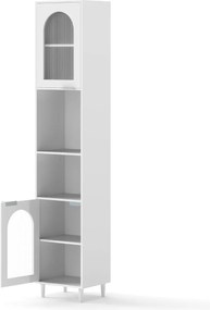 Armário alto para casa de banho e cozinha 35 x 30 x 180 cm com 2 portas de vidro canelado Armário independente fino com prateleiras ajustáveis Branco