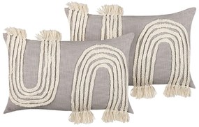 Conjunto de 2 almofadas com bordado em algodão em cinzento e creme 35 x 55 cm OCIMUM Beliani
