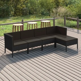 5 pcs conjunto lounge de jardim c/ almofadões vime PE preto