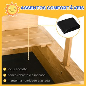 Caixa de Areia para Crianças de Madeira com Toldo Ajustável em Altura 2 Bancos e Encostos para Jardim 106x106x121 cm Natural