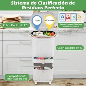 Caixote do lixo 43 x 29 x 82,5 cm para cozinha 42 L com gaveta e 2 cubos removíveis com Pedal e Rodas Branco