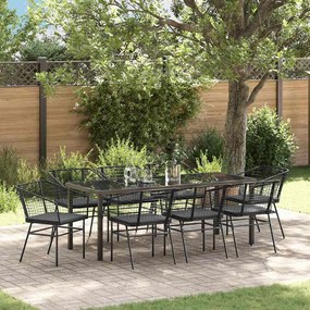 vidaXL Conjunto de jantar de jardim com 9 peças e almofadas de rattan sintético preto.