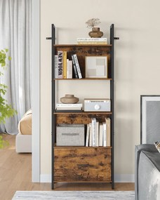 Estante com gaveta e estrutura em aço com design industrial 24 x 60 x 165 cm Castanho vintage + Preto