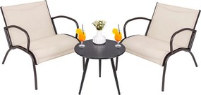 Conjunto jardim de 3 peças com 2 cadeiras com assento em tecido curvo e mesa de café redonda 81 x 63 x 73 cm Castanho claro