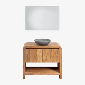 Conjunto De Móvel De Casa De Banho Em Madeira Vacry Castanho Acácia & Cimento Cinzento Redondo Ø40 Cm Tarsis & Led Retangular E Anti-embaciamento 100x