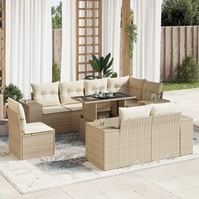 vidaXL 9 pcs conjunto de sofás p/ jardim com almofadões vime PE bege