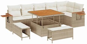 Conjunto de Sofás de Jardim 9 Peças com Almofadas Bege Polirattan Acác