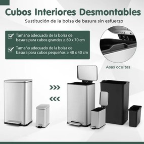 Conjunto de caixotes do lixo de 40 litros + 6 Litros em aço e baldes interiores amovíveis para lixo de cozinha Prateado