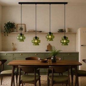 Candeeiro suspenso retro preto com vidro verde 4-luzes - Denise
