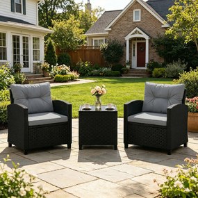 Conjunto de 2 Cadeiras de Jardim e Mesa Auxiliar, 44,5 x 44,5 x 45 cm, Ratan de PE Entrançado, almofadas Cinzentas