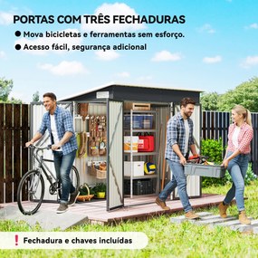 Abrigo de Jardim Exterior 2,7 m² 234x132x185 cm com Três Portas Fechadura e Grelhas de Ventilação Cinzento