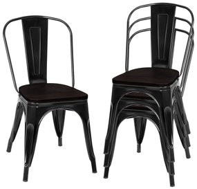 Conjunto 4 cadeiras empilháveis de metal com encosto e assento de madeira para casa cozinha bar 52 x 42 x 84 cm pretas