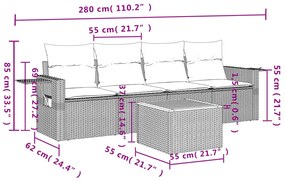5 pcs conj. sofás jardim c/ almofadões vime PE bege misturado