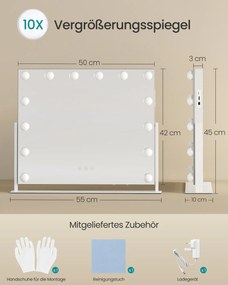 Espelho de maquilhagem 50 x 42 cm com iluminação e 14 lâmpadas LED Branco 