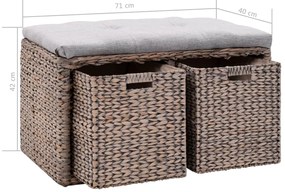Banco com 2 cestos erva marinha 71x40x42 cm cinzento