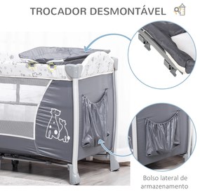 Berço de Viagem Dobrável para Bebés e Crianças até 15kg com 2 Rodas e Bolso Lateral Berço Portátil 124x66x77,5cm Cinza
