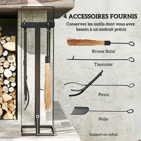 Conjunto de 5 peças para lareira, acessórios para lareira, vassoura, escova, pá, pinça, atiçador e suporte em metal preto