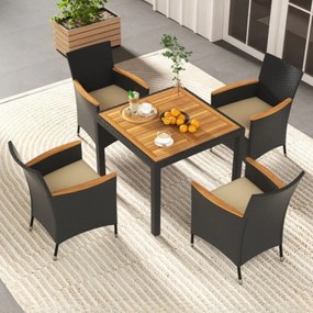 Conjunto de jantar de Jardim de 5 peças para 4 pessoas Conjunto de rattan com orifício para guarda-sol, almofadas e superfície em acácia Preto