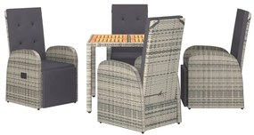 5 pcs conjunto de jantar p/ jardim c/ almofadões vime PE cinza