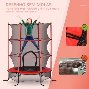 Trampolim para Crianças com Rede de Segurança e Estrutura de Aço para Interiores e Exteriores Carga 50 kg Ø163x190 cm Vermelho