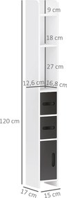 Coluna Casa de Banho com 3 Portas e 3 Prateleiras Abertas Coluna Auxiliar  Estilo Moderno 15x17x120 cm Branco e Preto