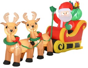 HOMCOM Pai Natal com Trenó e Renas Infláveis com Luzes LED Decoração de Natal para Exterior Ar Livre com Inflador 240x57x112cm Multicor