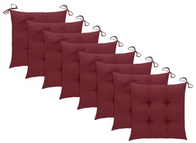 Cadeiras jardim c/ almofadões vermelho tinto 8 pcs teca maciça