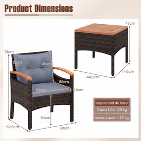 Conjunto de 3 peças para jardim em vime e rattan, com cadeiras com braços, mesa auxiliar em madeira de acácia e almofadas em castanho misturado e cinz