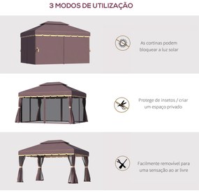 Pérgola de Jardim 3,9x2,9m de Alumínio com Teto de Ventilação 4 Cortinas Laterais Tela Mosquiteira e 8 Orifícios de Drenagem para Exterior Pátio Festa