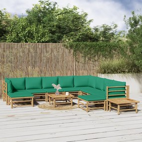 12 pcs conjunto lounge de jardim bambu c/ almofadões verdes